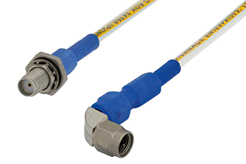SMA Male Right Angle to SMA Female Bulkhead Precision Cable 48 Inch Length Using 150 Series Coax, RoHS