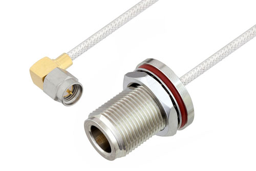 SMA Male Right Angle to N Female Bulkhead Cable Using PE-SR405FL Coax , LF Solder in 100CM