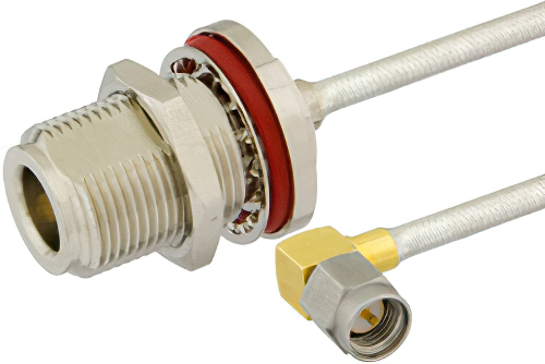 SMA Male Right Angle to N Female Bulkhead Semi-Flexible Precision Cable Using PE-SR402FL Coax, LF Solder, RoHS