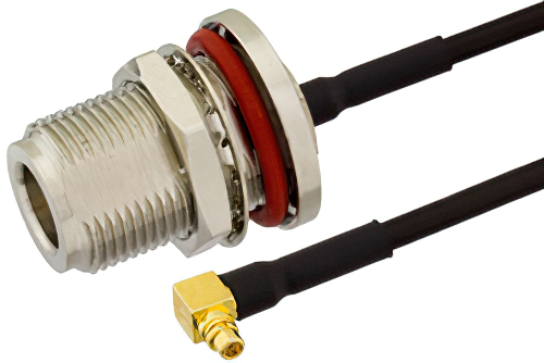 N Female Bulkhead to MMCX Plug Right Angle Semi-Flexible Precision Cable Using PE-SR405FLJ Coax, RoHS