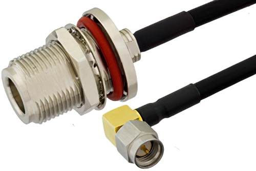 SMA Male Right Angle to N Female Bulkhead Semi-Flexible Precision Cable Using PE-SR402FLJ Coax, LF Solder, RoHS