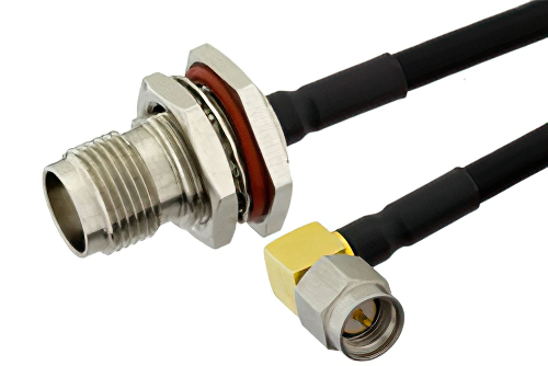 SMA Male Right Angle to TNC Female Bulkhead Semi-Flexible Precision Cable Using PE-SR402FLJ Coax, LF Solder, RoHS
