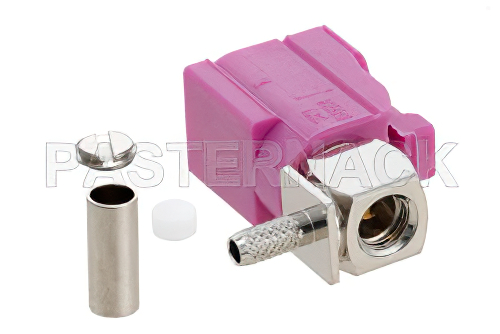 FAKRA Jack Right Angle Connector Crimp/Solder Attachment for RG174, RG316, RG188, .100 inch, PE-B100, PE-C100, LMR-100, Violet Color