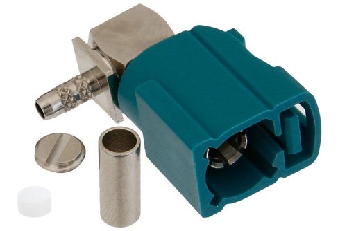 FAKRA Jack Right Angle Connector Crimp/Solder Attachment for RG174, RG316, RG188, .100 inch, PE-B100, PE-C100, LMR-100, Water Blue Color