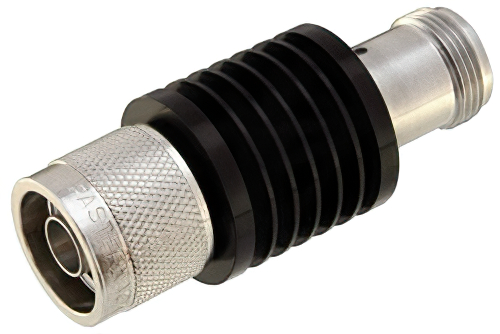 6 dB Fixed Attenuator, N Male to N Female Black Anodized Aluminum Heatsink Body Rated to 10 Watts Up to 2 GHz