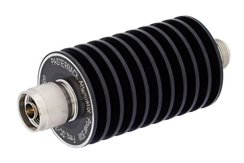 15 dB Fixed Attenuator, N Male To N Female Black Anodized Aluminum Heatsink Body Rated To 50 Watts Up To 3 GHz