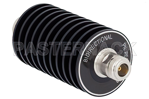 15 dB Fixed Attenuator, N Male To N Female Black Anodized Aluminum Heatsink Body Rated To 50 Watts Up To 3 GHz