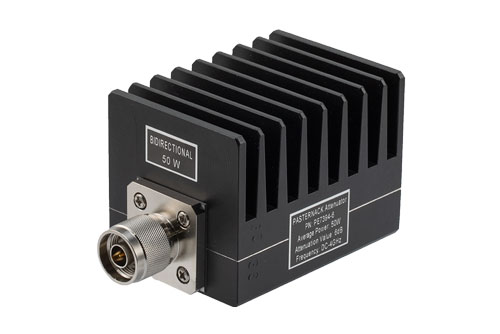 6 dB Fixed Attenuator, N Male To N Female Black Anodized Aluminum Heatsink Body Rated To 50 Watts Up To 4 GHz