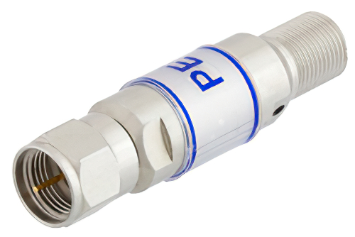 9 dB Fixed Attenuator, 75 Ohm F Male to 75 Ohm F Female Brass Tri-Metal Body Rated to 2 Watts Up to 3 GHz