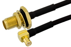 SMA Female Bulkhead to MCX Plug Right Angle Precision Cable Using PE-SR405FLJ Coax, RoHS