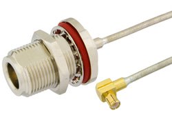 N Female Bulkhead to MCX Plug Right Angle Precision Cable Using PE-SR405FL Coax, RoHS