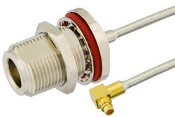 N Female Bulkhead to MMCX Plug Right Angle Precision Cable Using PE-SR405FL Coax, RoHS