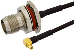 TNC Female Bulkhead to MMCX Plug Right Angle Precision Cable Using PE-SR405FLJ Coax, RoHS