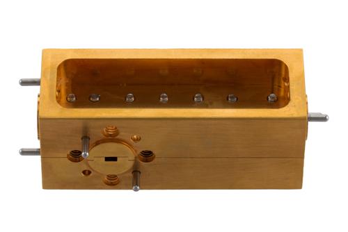 WR-10 Waveguide 20 dB Broadwall Coupler, UG-387/U-Mod Round Cover Flange, H-Plane Coupled Port, 90 GHz to 110 GHz, Brass Copper