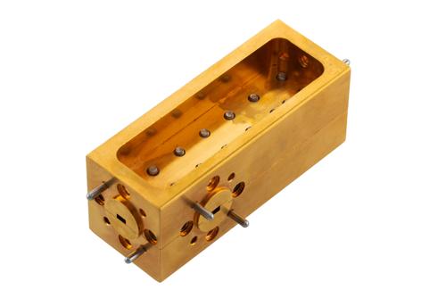 WR-10 Waveguide 20 dB Broadwall Coupler, UG-387/U-Mod Round Cover Flange, H-Plane Coupled Port, 90 GHz to 110 GHz, Brass Copper