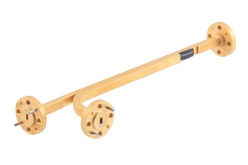 WR-12 Waveguide 10 dB Broadwall Coupler, UG-387/U Round Cover Flange, E-Plane Coupled Port, 60 GHz to 90 GHz, Copper Gold
