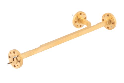 WR-12 Waveguide 10 dB Broadwall Coupler, UG-387/U Round Cover Flange, E-Plane Coupled Port, 60 GHz to 90 GHz, Copper Gold