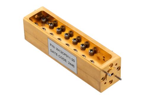 WR-12 Waveguide 20 dB Broadwall Coupler, UG-387/U Round Cover Flange, H-Plane Coupled Port, 60 GHz to 90 GHz, Brass Copper