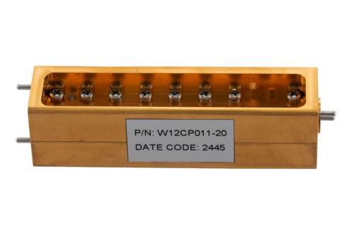 WR-12 Waveguide 20 dB Broadwall Coupler, UG-387/U Round Cover Flange, H-Plane Coupled Port, 60 GHz to 90 GHz, Brass Copper