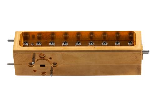 WR-12 Waveguide 20 dB Broadwall Coupler, UG-387/U Round Cover Flange, H-Plane Coupled Port, 60 GHz to 90 GHz, Brass Copper