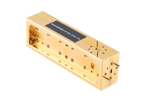WR-15 Waveguide 10 dB Broadwall Coupler, UG-385/U Round Cover Flange, H-Plane Coupled Port, 50 GHz to 75 GHz, Brass Copper