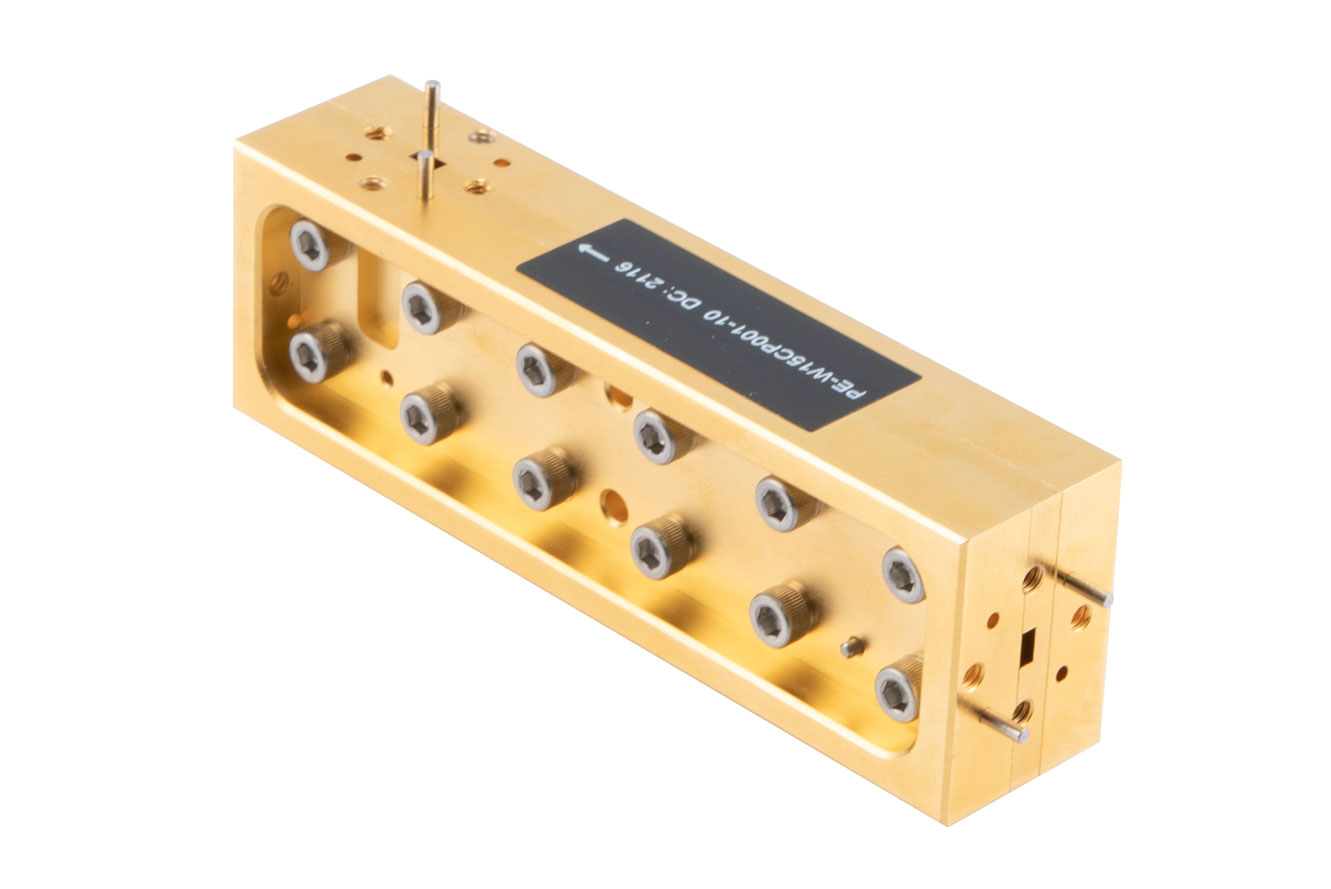 WR-15 Waveguide 10 dB Broadwall Coupler, UG-385/U Round Cover Flange, H-Plane Coupled Port, 50 GHz to 75 GHz, Brass Copper