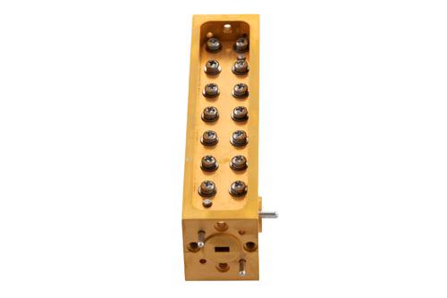 WR-15 Waveguide 20 dB Broadwall Coupler, UG-385/U Round Cover Flange, H-Plane Coupled Port, 50 GHz to 75 GHz, Brass Copper
