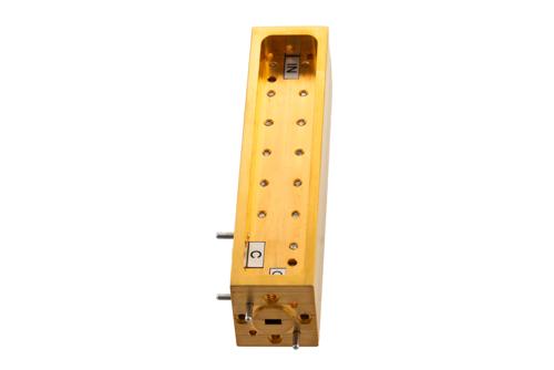 WR-15 Waveguide 30 dB Broadwall Coupler, UG-385/U Round Cover Flange, H-Plane Coupled Port, 50 GHz to 75 GHz, Brass Copper