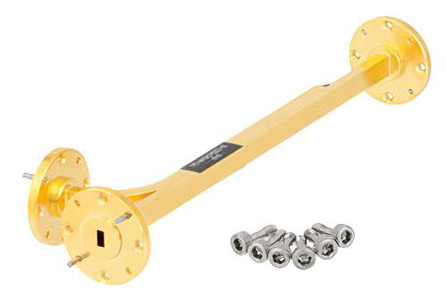 WR-19 Waveguide 10 dB Broadwall Coupler, UG-383/U Round Cover Flange, E-Plane Coupled Port, 40 GHz to 60 GHz, Brass Copper