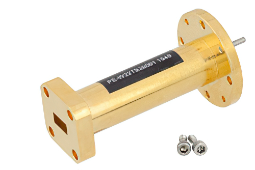 WR-22 to WR-28 Waveguide Transition 2 Inch Length With UG-383/U Round Cover Flange to UG-599/U Square Cover Flange