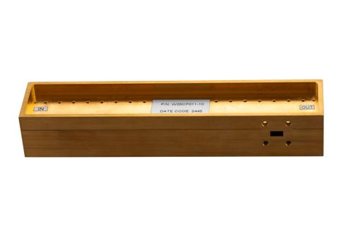 WR-28 Waveguide 10 dB Broadwall Coupler, UG-599/U Square Cover Flange, H-Plane Coupled Port, 26.5 GHz to 40 GHz, Brass Copper