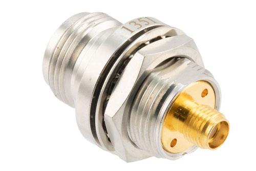 Hermetically Sealed N Female to SMA Female Bulkhead Mount Adapter, 18GHz VSWR1.35, MIL-STD 348B