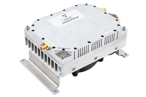 45 Watt GaN Power Amplifier with Integrated Heatsink and Cooling fan, 800 MHz to 2000 MHz, Class AB, L-Band, 45% Efficiency, 28V, SMA