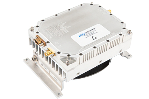 20 Watt GaN Power Amplifier with Integrated Heatsink and Cooling fan, 4400 MHz to 4900 MHz, Class AB, C-Band, 30% Efficiency, 28V, SMA