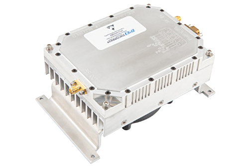 20 Watt GaN Power Amplifier with Integrated Heatsink and Cooling fan, 4400 MHz to 4900 MHz, Class AB, C-Band, 30% Efficiency, 28V, SMA