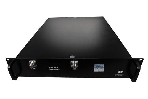 30W Psat, 45 dB Gain, 0.7 GHz to 6 GHz, AC Powered Broadband GaAs GaN High Power Amplifier with Heatsink, Rack Mount, 110/220VAC, N