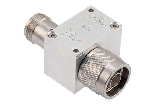 10 MHz to 2.5 GHz N Broadband Bias Tee, Male Output, Rated to 2.5 Amps and 100 Volts,  DC SMA connector