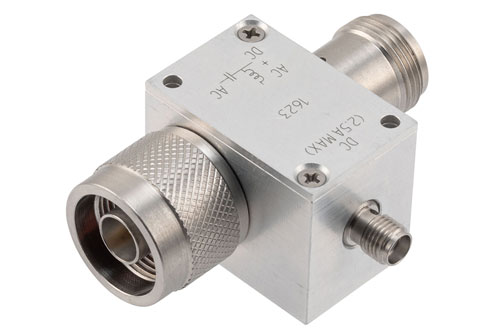 10 MHz to 2.5 GHz N Broadband Bias Tee, Male Output, Rated to 2.5 Amps and 100 Volts,  DC SMA connector