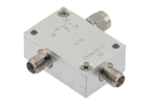 10 MHz to 2.5 GHz SMA Broadband Bias Tee, Male Input, Rated to 2.5 Amps and 100 Volts, DC SMA connector