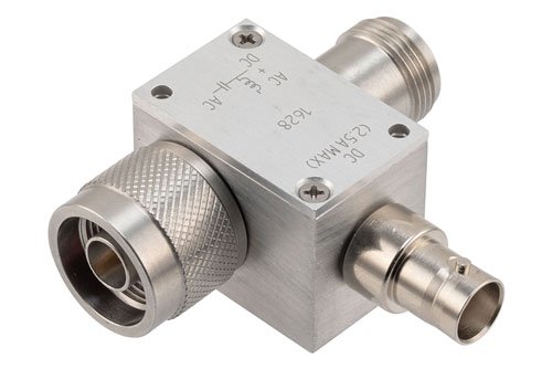 10 MHz to 6 GHz N Broadband Bias Tee, Male Output, Rated to 2.5 Amps and 100 Volts, DC BNC Connector