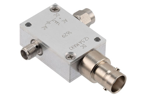 10 MHz to 12 GHz SMA Broadband Bias Tee, Male Input, Rated to 2.5 Amps and 100 Volts, DC BNC Connector