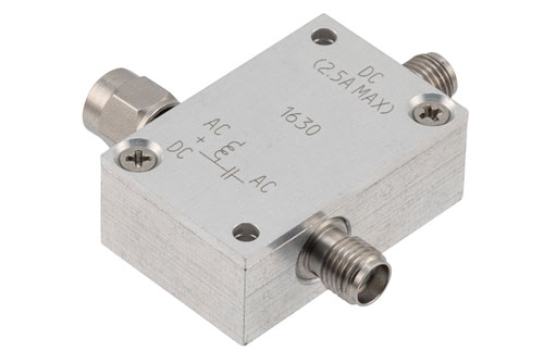 10 MHz to 12 GHz SMA Broadband Bias Tee, Male Input, Rated to 2.5 Amps and 100 Volts, DC SMA Connector
