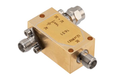 50 KHz to 12.4 GHz SMA Broadband Bias Tee, Male Input, Rated to 750 mA and 25 Volts, DC SMA Connector