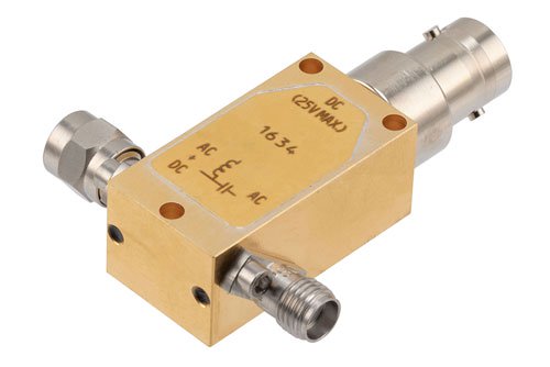 50 KHz to 18 GHz SMA Broadband Bias Tee, Male Input, Rated to 750 mA and 25 Volts, DC BNC Connector