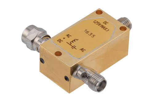 50 KHz to 18 GHz SMA Broadband Bias Tee, Male Input, Rated to 750 MHz and 25 Volts, DC SMA Connector