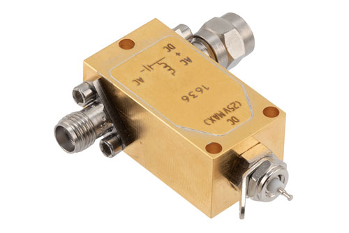 50 KHz to 18 GHz SMA Broadband Bias Tee, Male Input, Rated to 750 MHz and 25 Volts, DC Pin