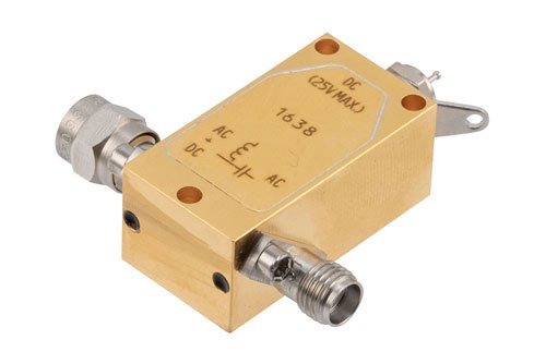 50 KHz to 26 GHz SMA Broadbanc  Bias Tee, Male Input, Rated to 750 MHz and 25 Volts, DC Pin
