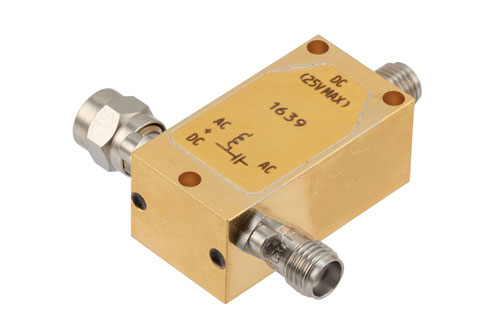 50 KHz to 26 GHz SMA Broadband Bias Tee, Male Input, Rated to 750 MHz and 25 Volts, DC SMA Connector