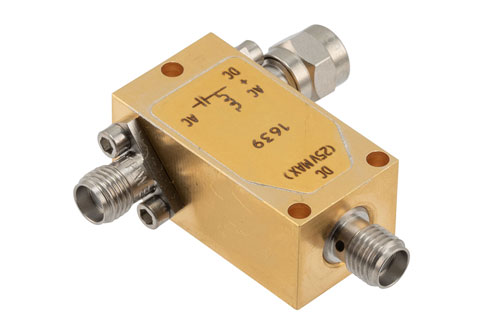50 KHz to 26 GHz SMA Broadband Bias Tee, Male Input, Rated to 750 MHz and 25 Volts, DC SMA Connector