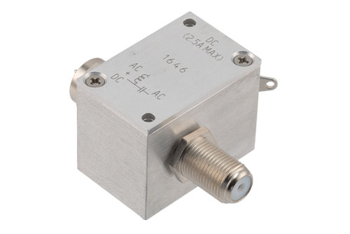 10 MHz to 3 GHz, Type F 75 Ohm Bias Tee,Rated 2.5 Amps and 100 Volts,  DC Pin